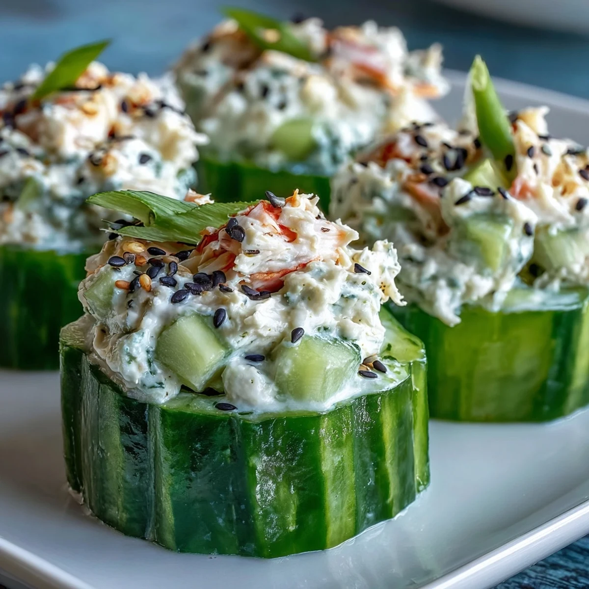 California Roll Cucumber Salad tossed with crisp cucumber rounds, imitation crab, and sesame dressing, garnished with fresh green onions.