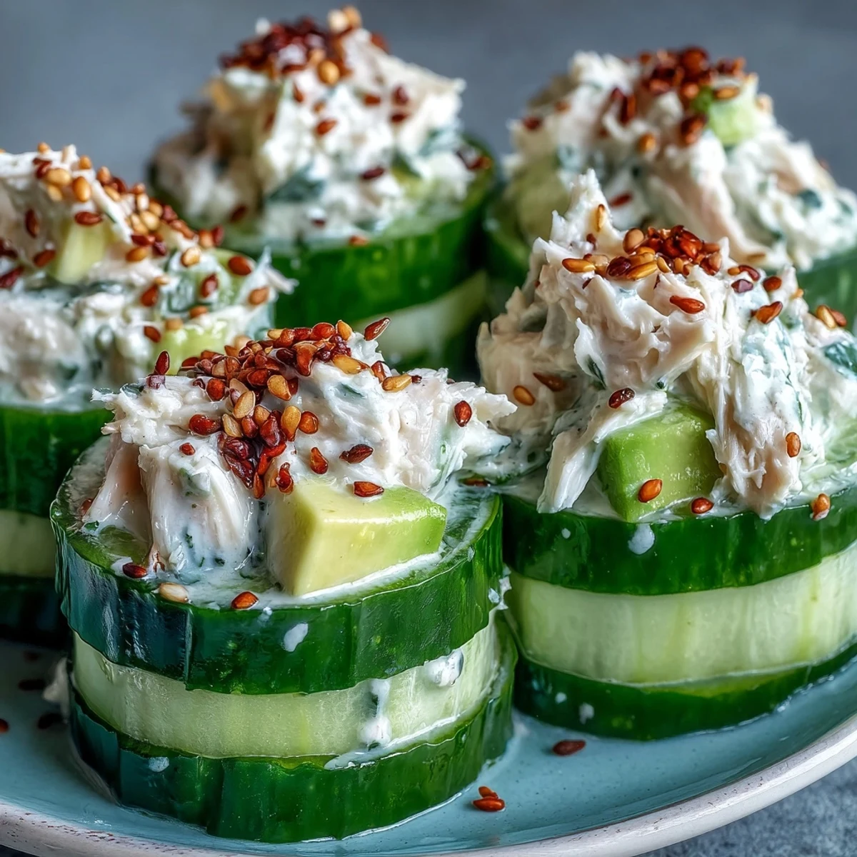 Refreshing California Roll Cucumber Salad featuring creamy avocado cubes and savory crab mixed in a light, sushi-style dressing.