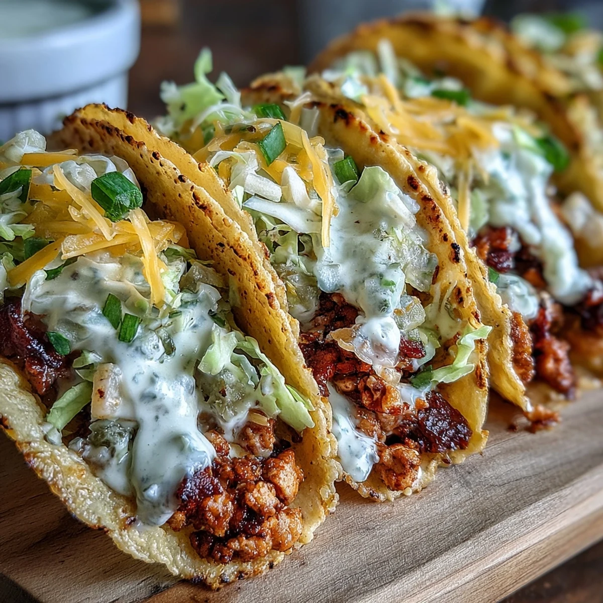 Golden crispy cheese shells cradle the dill pickle ranch smash chicken tacos, topped with cabbage and pickles.