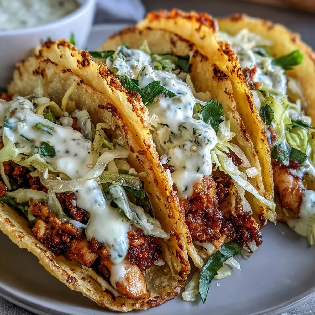 Gluten-free dill pickle ranch smash chicken tacos feature smashed chicken, crunchy cabbage, and drizzled ranch cottage cheese sauce.