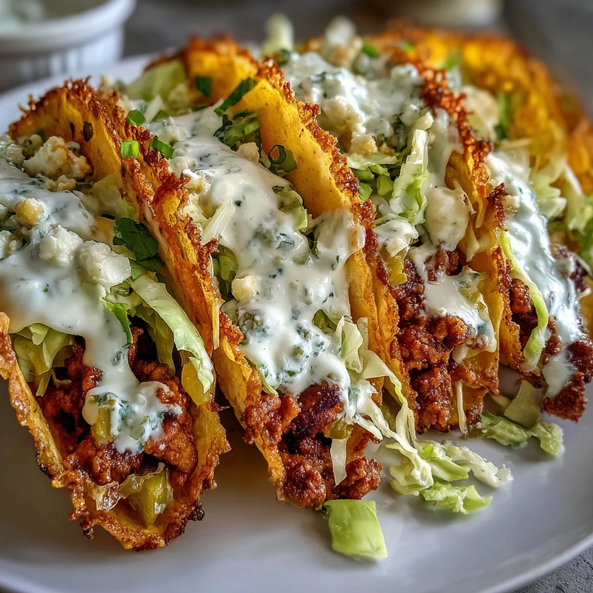 Melted cheese lace creates crispy shells for dill pickle ranch smash chicken tacos, garnished with tangy pickles and slaw.