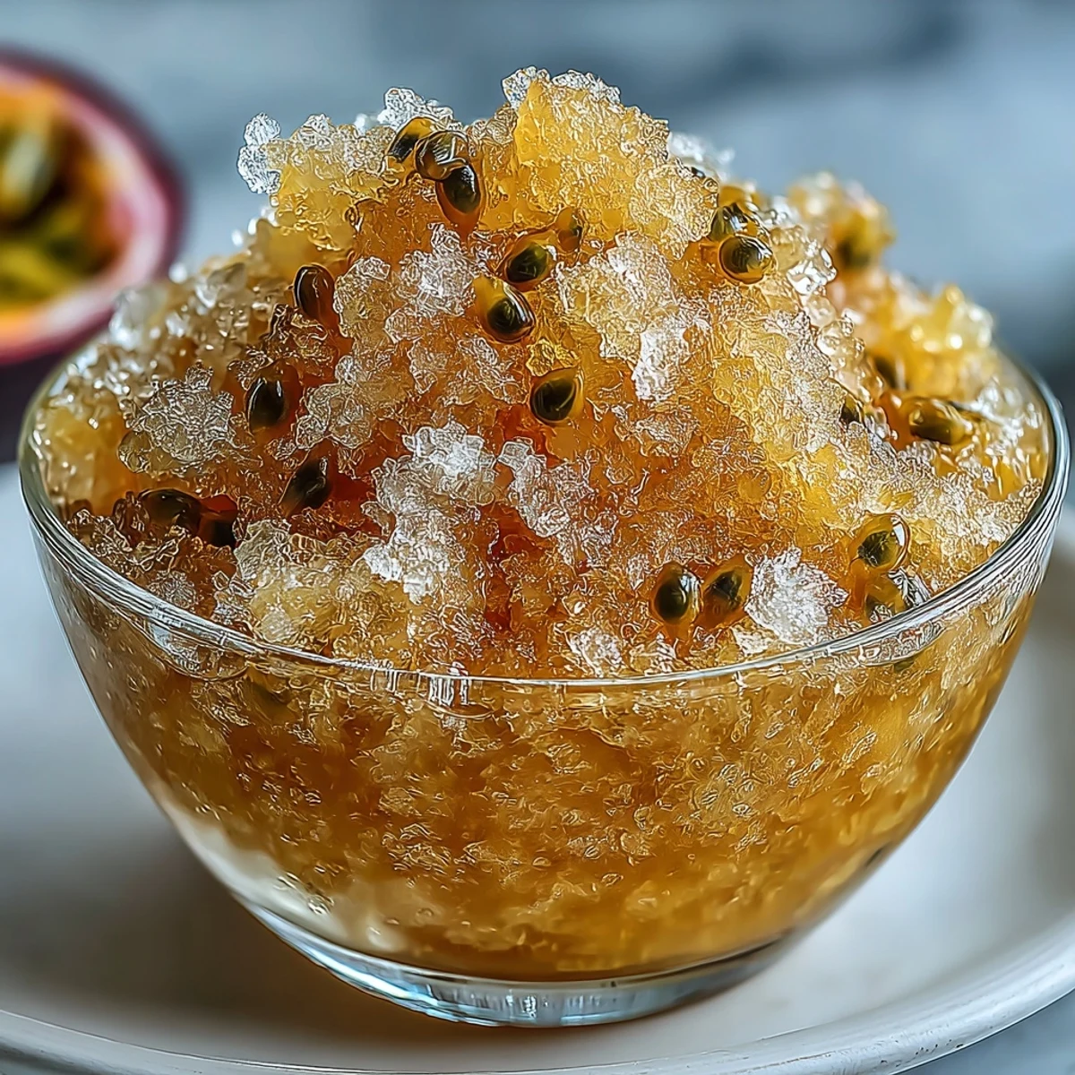 Summer Italian Passionfruit Granita served in a clear glass, perfect for vegan and gluten-free dessert cravings