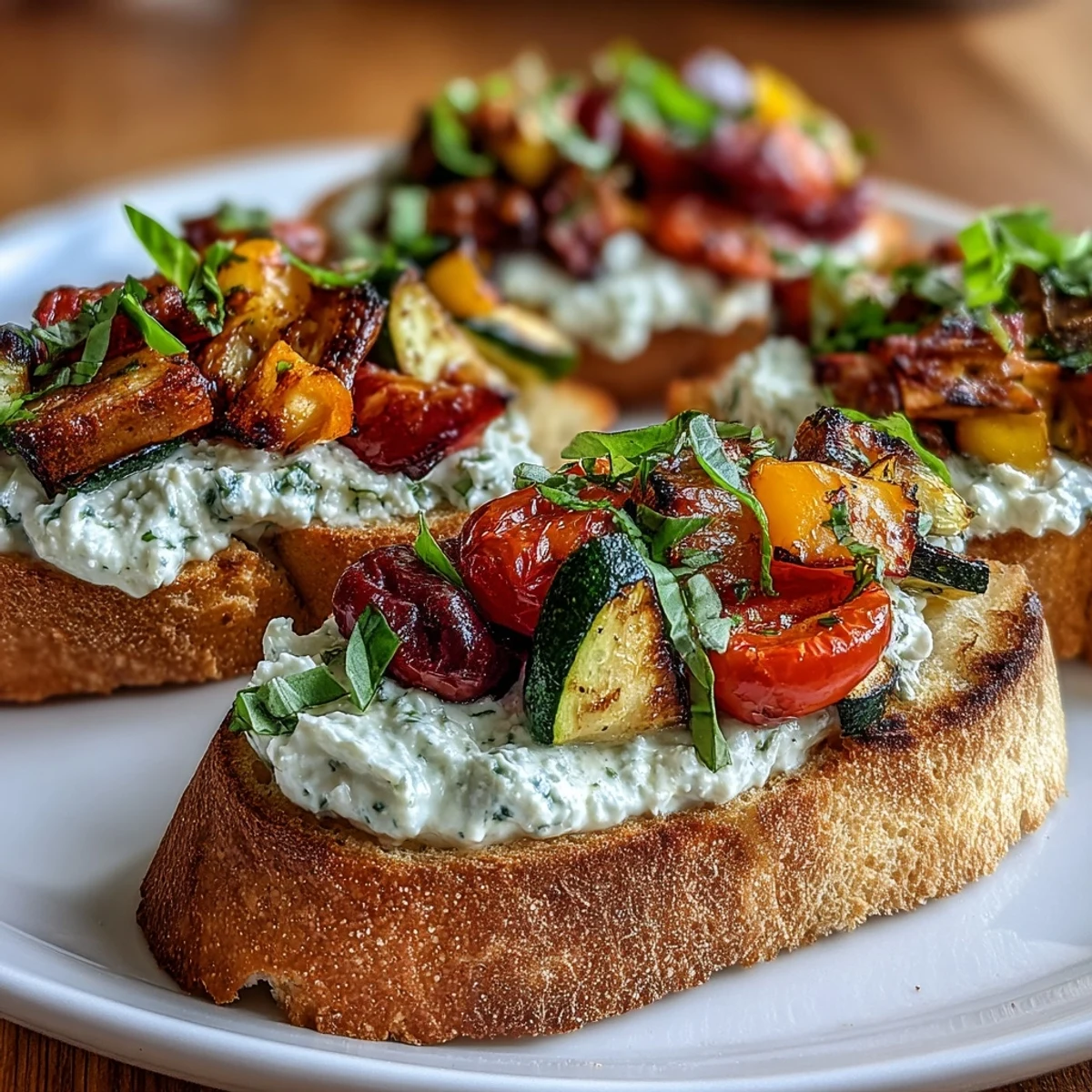 Golden, crispy Garlic Butter Crostini topped with creamy ricotta and colorful charred roasted vegetables, finished with fresh basil and balsamic glaze.
