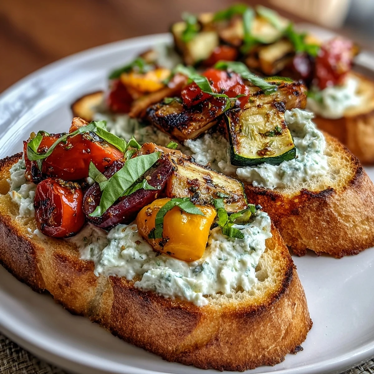 Freshly baked Garlic Butter Crostini loaded with juicy roasted veggies and ricotta, perfect for serving at a party on a wooden board.