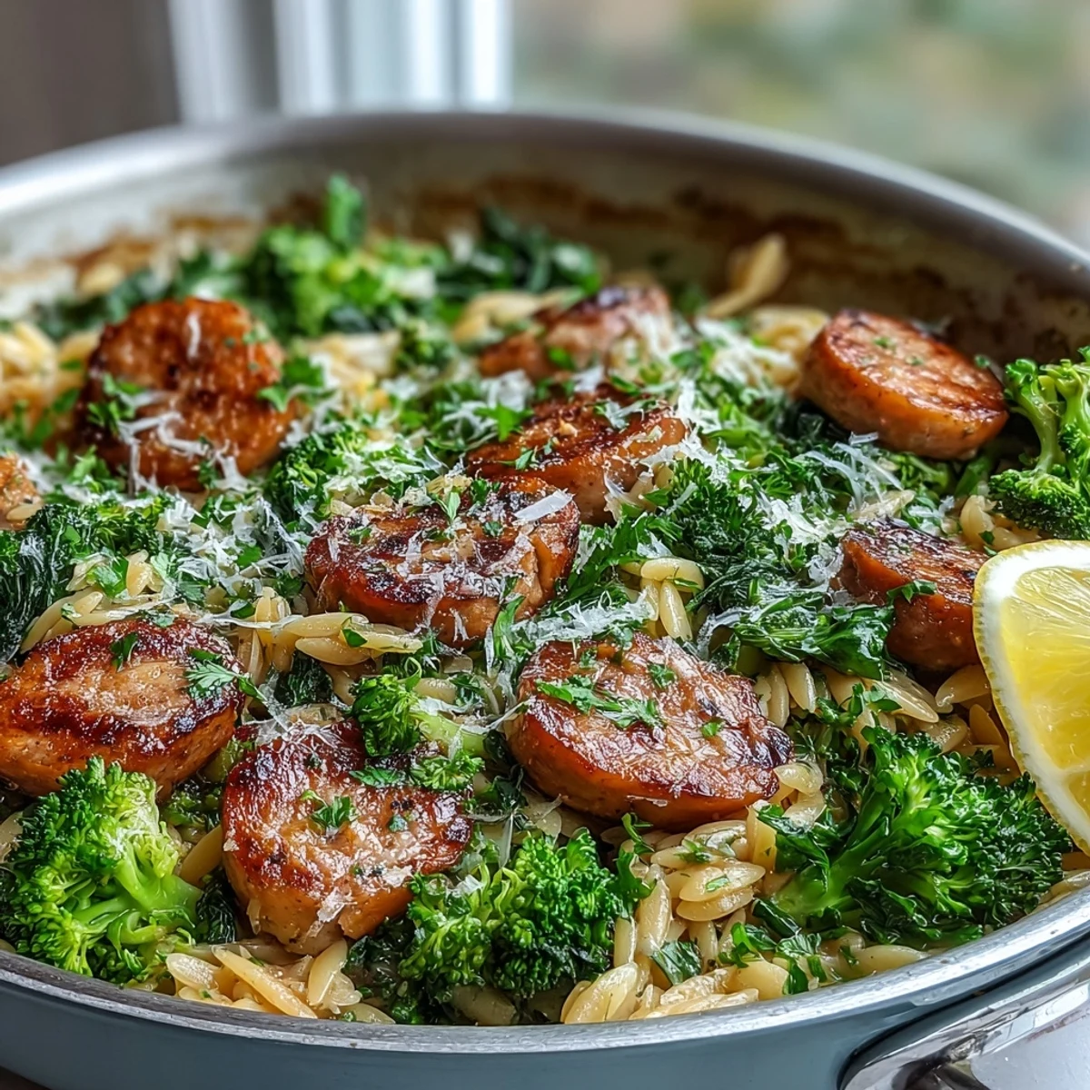 Golden-browned chicken sausage, tender orzo, and crisp broccoli in a one-pan skillet with melted Parmesan and fresh lemon.