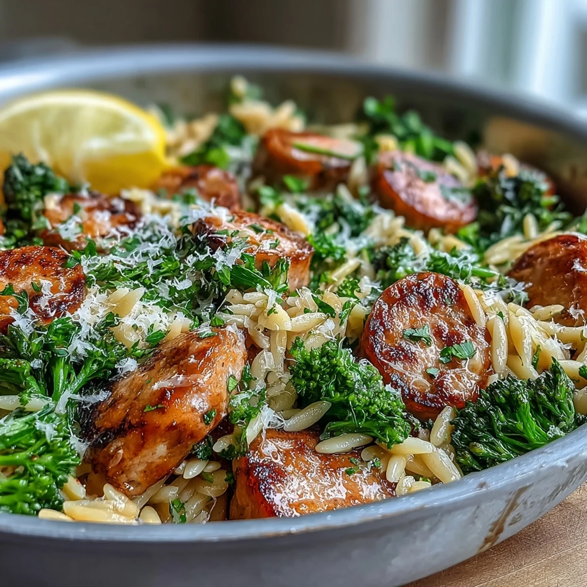 Savory One-Pan Chicken Sausage Broccoli Orzo plated with a parsley garnish, perfect for a busy weeknight dinner.