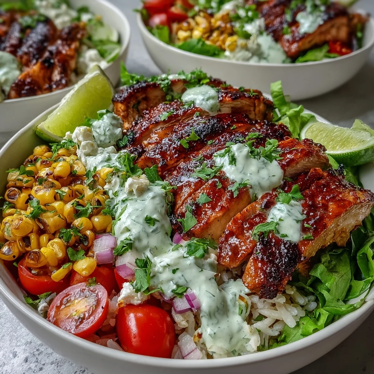 Sliced grilled chicken, smoky street corn, diced tomatoes, red onion, and cotija cheese top a bed of greens for these colorful Healthy Chicken and Street Corn Bowls.