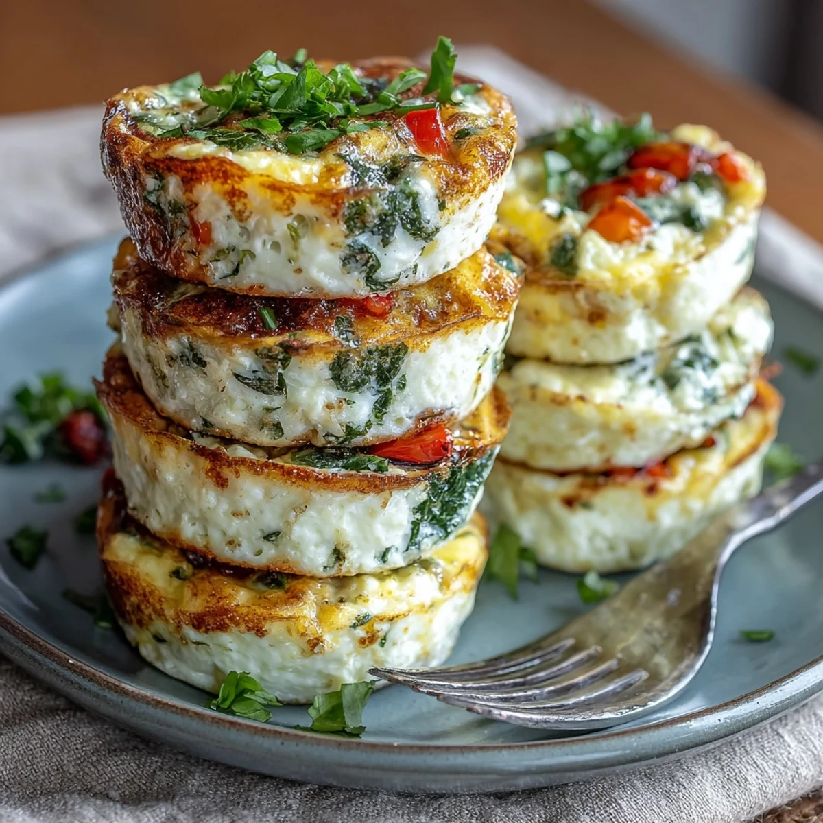 Freshly baked Easy Cottage Cheese Egg Bites with bell peppers and spinach in a muffin tin, steaming hot.