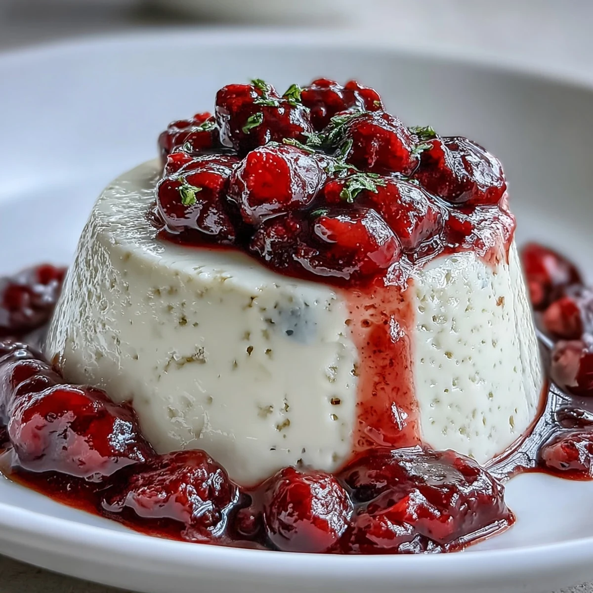 Silky cardamom panna cotta crowned with a vibrant, syrupy berry compote in a glass.