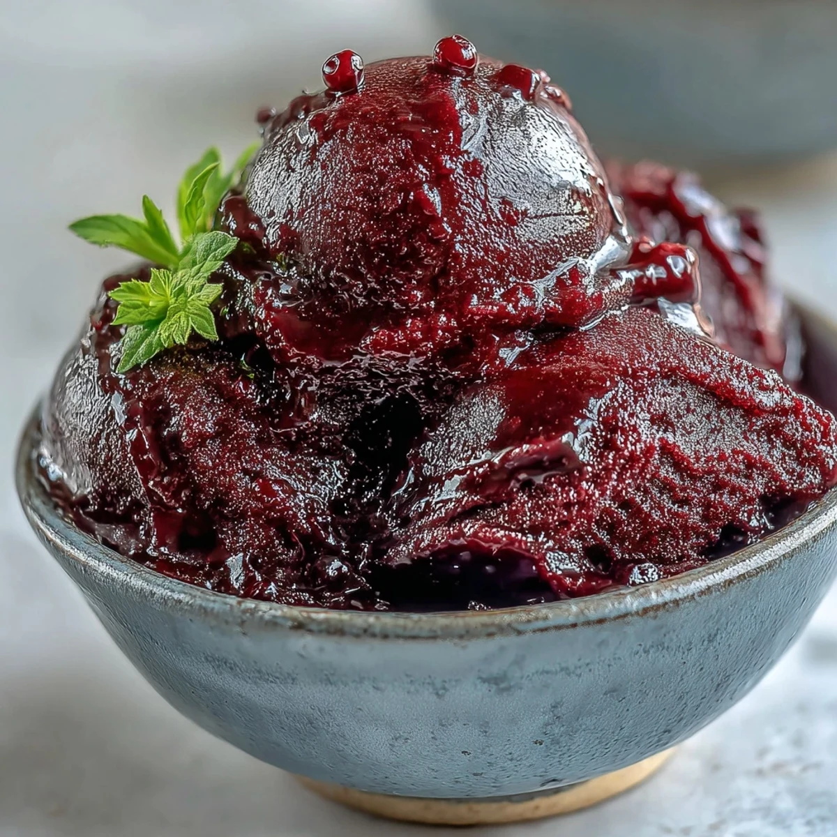 Freshly churned Black Currant Sorbet served in elegant dessert bowls, garnished with a sprig of mint and whole berries.