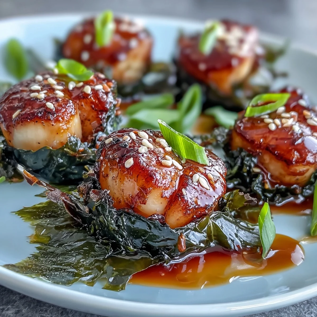 Golden Seaweed-Wrapped Scallops with Ponzu Sauce are served on a white plate with toasted sesame seeds.