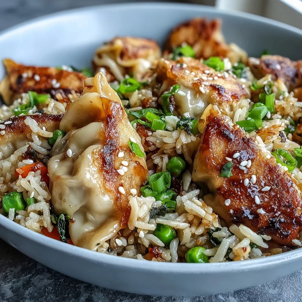 Platter of savory Trader Joe's dumpling fried rice with soy-glazed vegetables and dumplings, served as a quick and easy weeknight dinner.