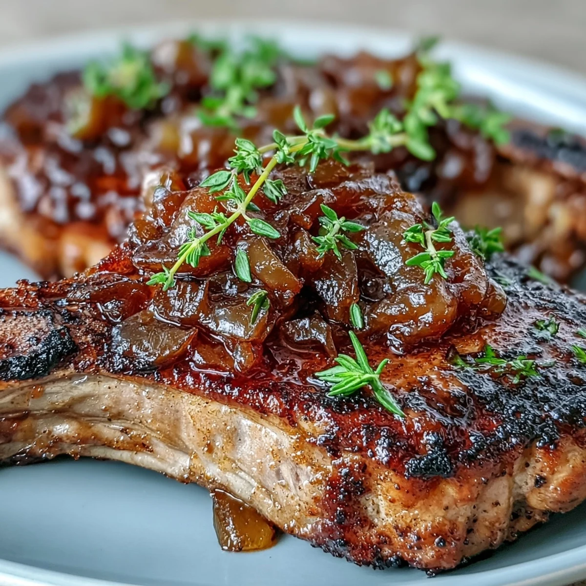 Four seared lamb chops topped with sweet, tangy onion jam glaze and fresh thyme