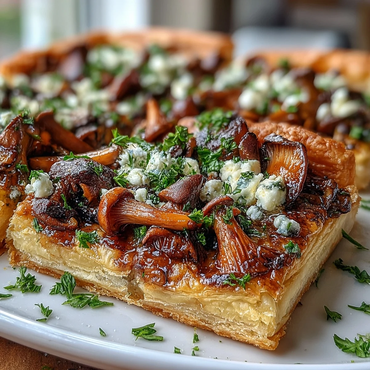 Sliced Wild Mushroom Tart reveals layers of crisp puff pastry, tender mushrooms, and tangy goat cheese, ready to serve.