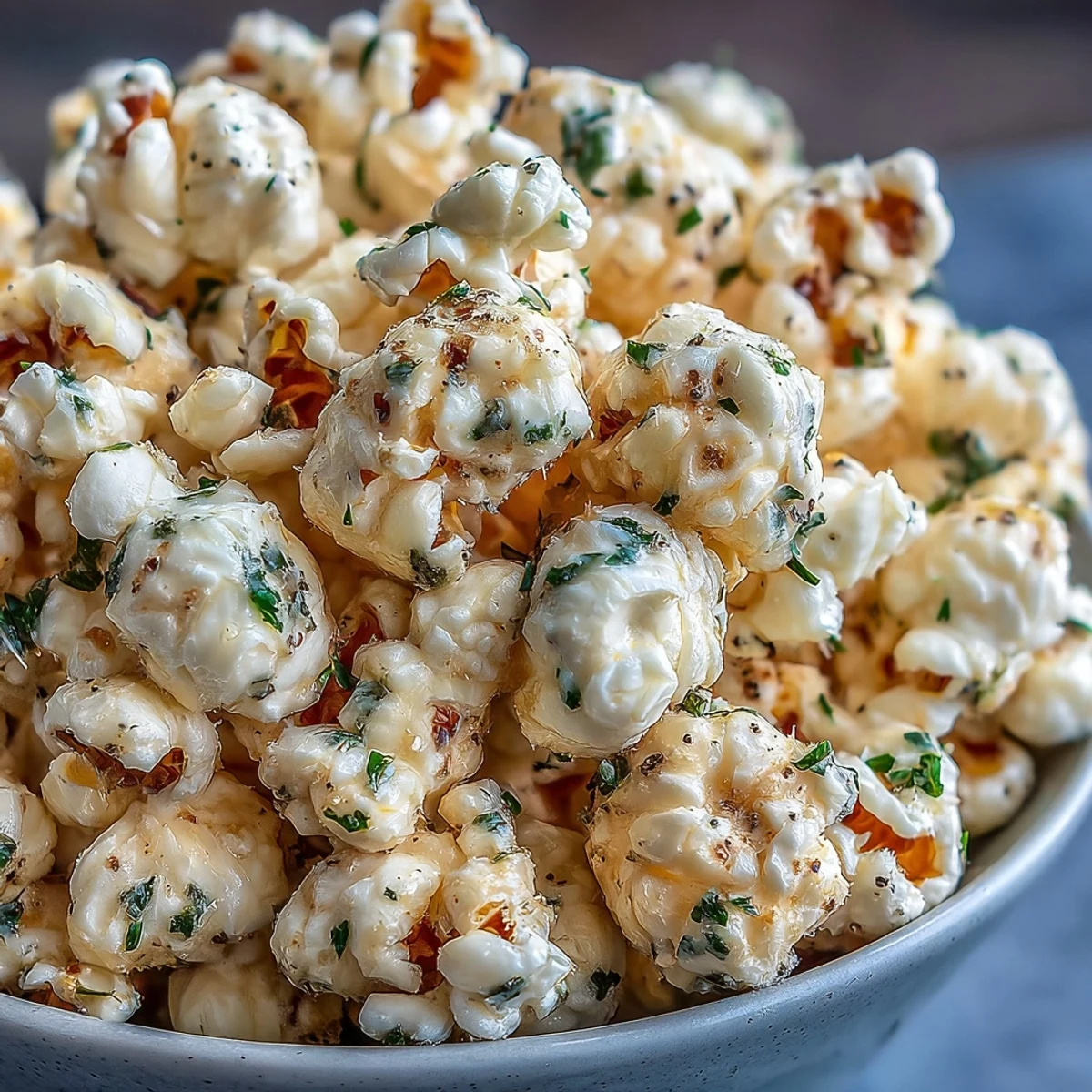 Fragrant Truffle Popcorn with fresh Parmesan and fleur de sel piled high in a rustic bowl.