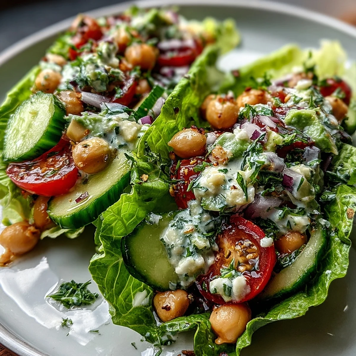 Fresh Spring Clean Avocado Chickpea Salad Wraps stuffed with creamy avocado and chickpea salad into crisp lettuce shells.