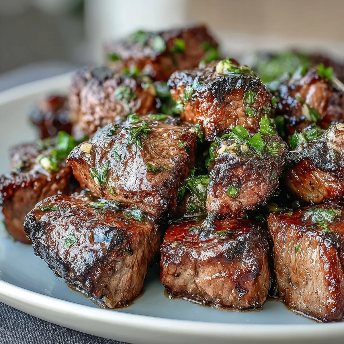Golden-brown Keto Garlic Butter Steak Bites glistening with garlic butter alongside crispy avocado fries and fresh zucchini.