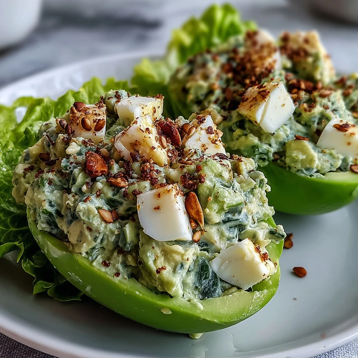 Freshly chopped chives and dill add bright flavor to this low-carb keto avocado egg salad lettuce boat recipe.