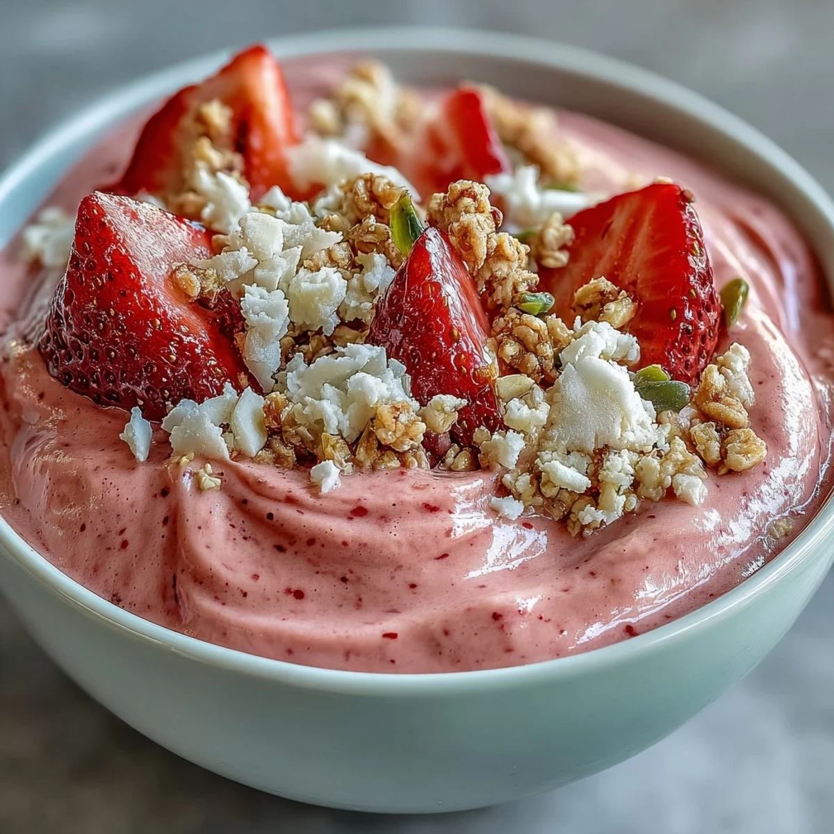 Thick and creamy Strawberry Protein Smoothie Bowl topped with fresh berries, crunchy granola, and seeds.