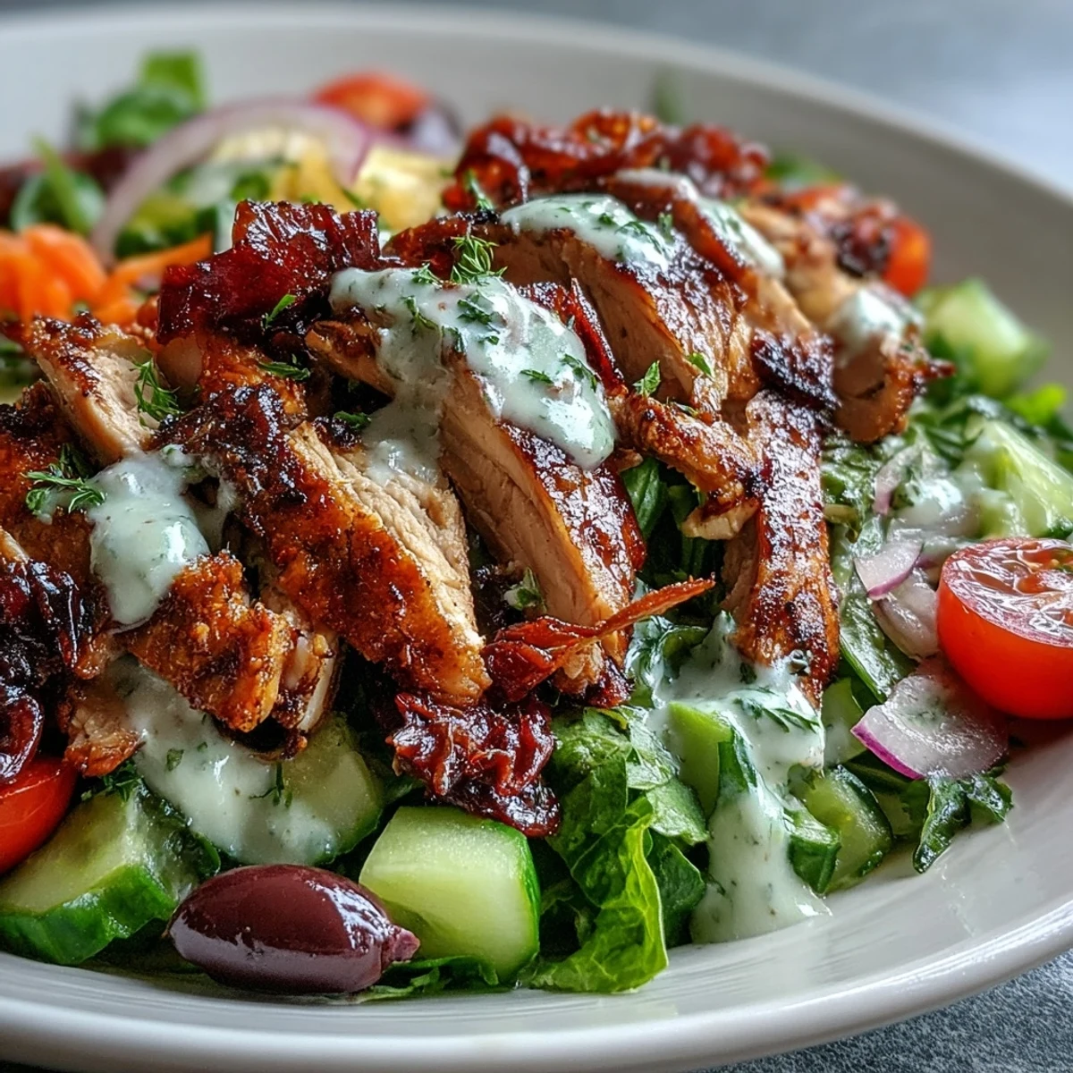 Golden spiced chicken slices top a colorful mix of veggies, finished with a creamy Lemon Tahini Drizzle over the salad.