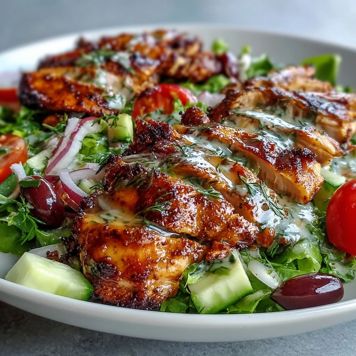 Healthy Light Chicken Shawarma Salad Bowls feature juicy chicken, crunchy vegetables, and a tangy Lemon Tahini Drizzle ready to serve.