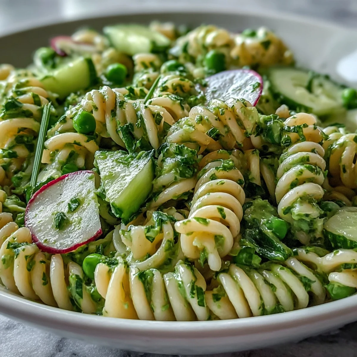 A close-up view of Vegan Creamy Green Goddess Pasta Salad, with fusilli pasta coated in bright green dressing, peas, and fresh basil garnish.