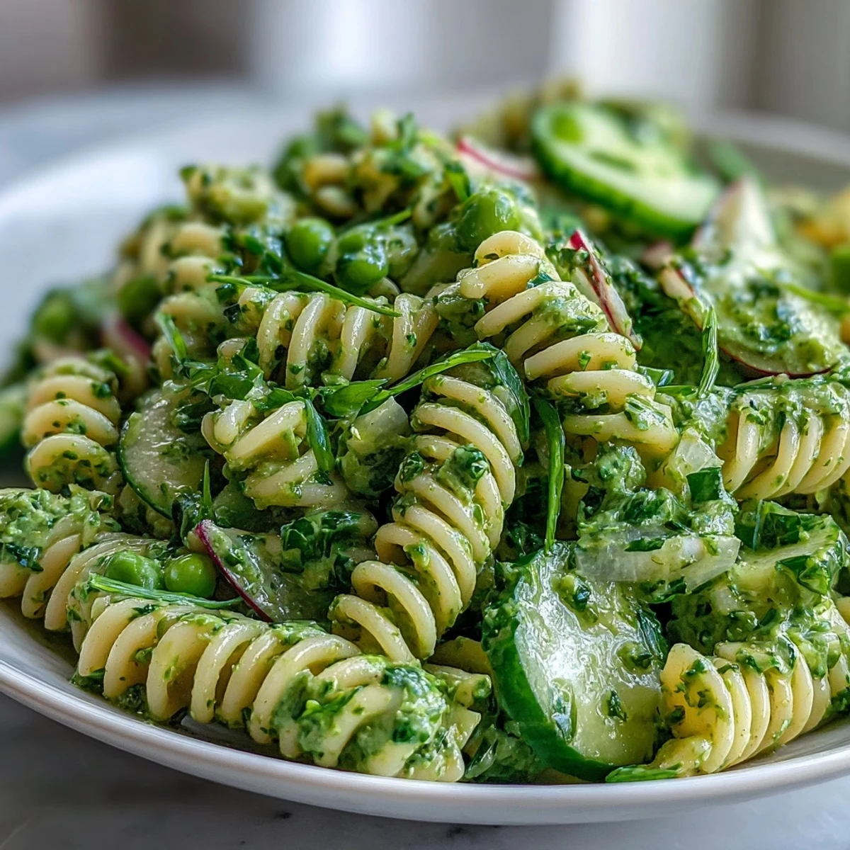 A vibrant bowl of Vegan Creamy Green Goddess Pasta Salad featuring radishes, cucumber, and spinach, tossed with herbs and ready for a light lunch.