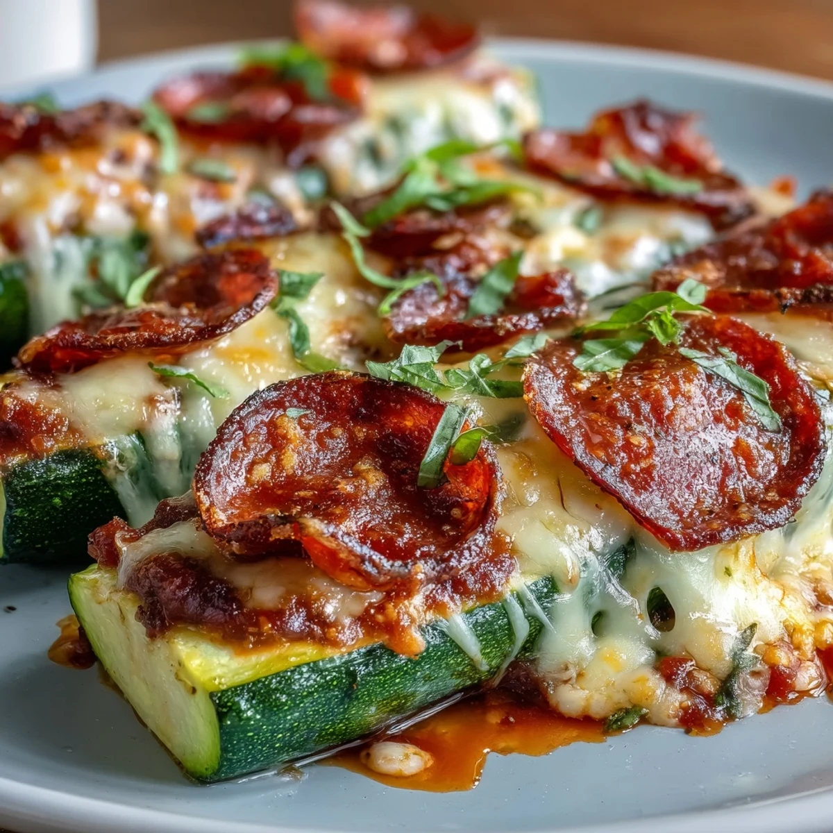 Golden, bubbly mozzarella and pepperoni top roasted zucchini boats filled with tangy tomato sauce.