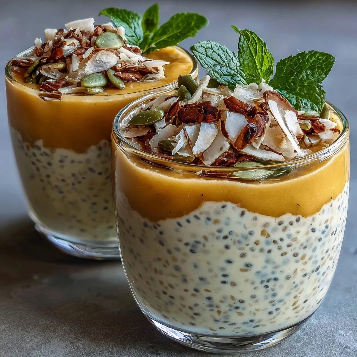 Creamy, dairy-free Slim Mango Coconut Chia Pudding Breakfast Cups served in glass jars with a spoon and scattered pumpkin seeds.