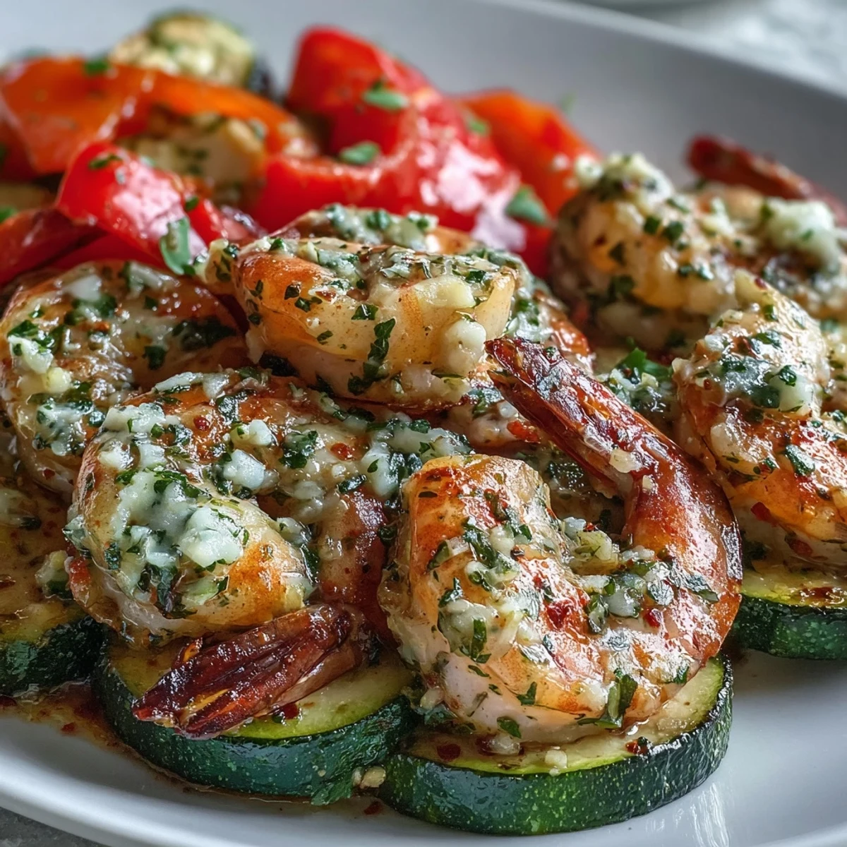 Freshly opened Keto Lemon Butter Garlic Shrimp Packets with Zucchini topped with chopped parsley and lemon wedges.