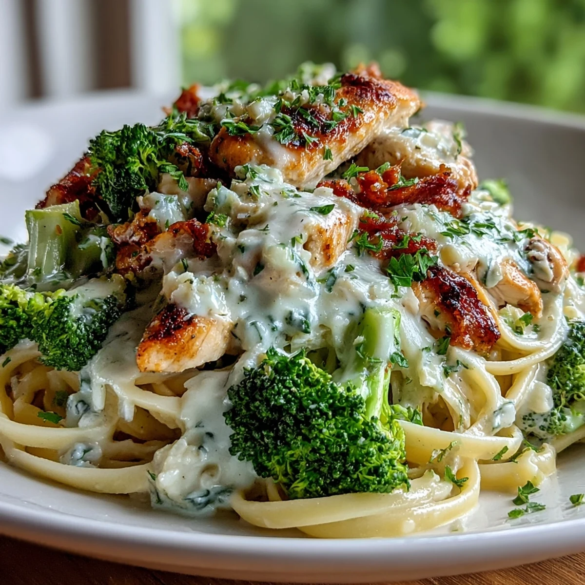 Golden sautéed chicken topped with garlic Alfredo sauce poured over a bed of steamed broccoli florets, perfect for dinner.