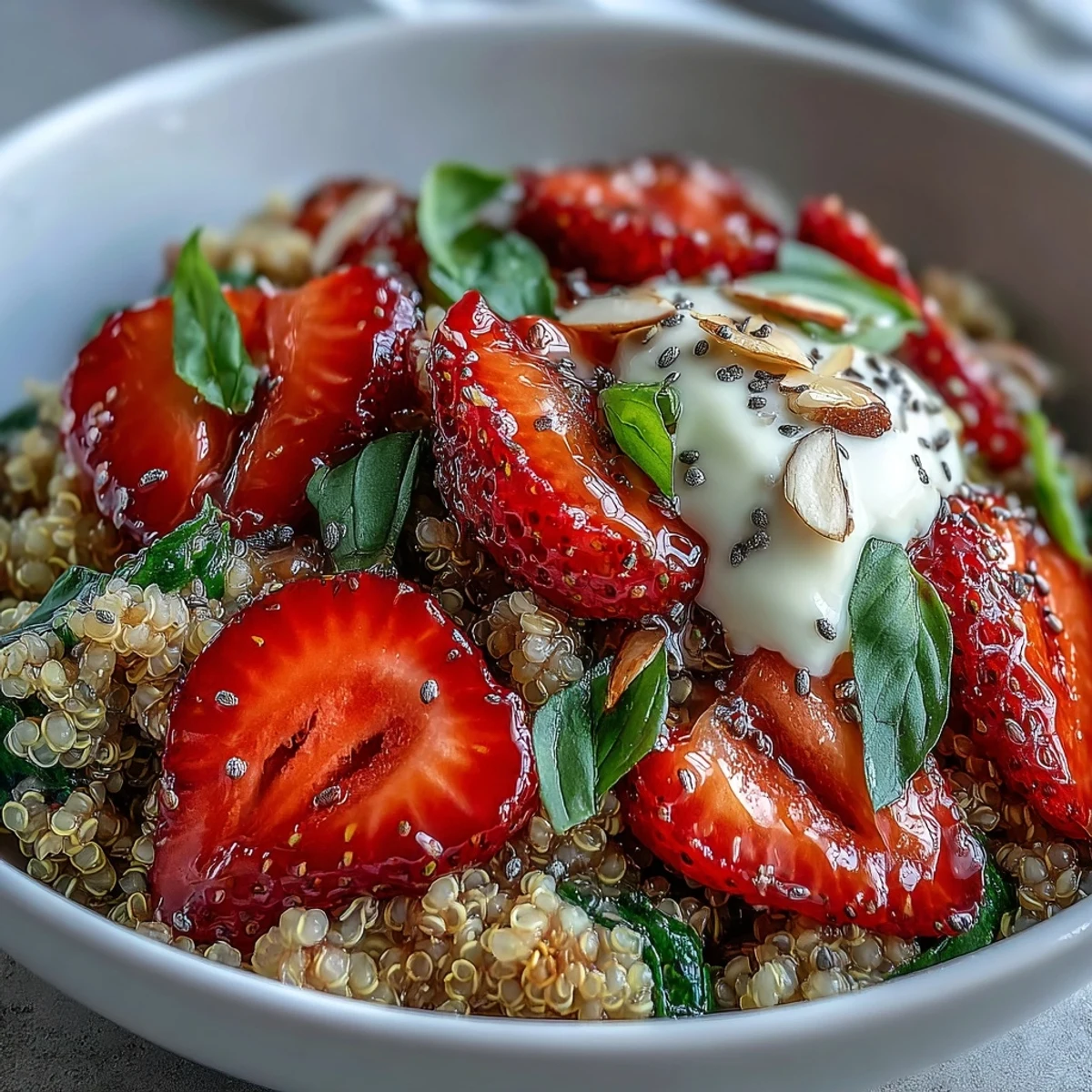 Freshly prepared Strawberry Basil Breakfast Quinoa Bowl topped with sliced strawberries and fresh basil leaves. A vegan honey drizzle adds glossy sweetness to this healthy, gluten-free morning meal.
