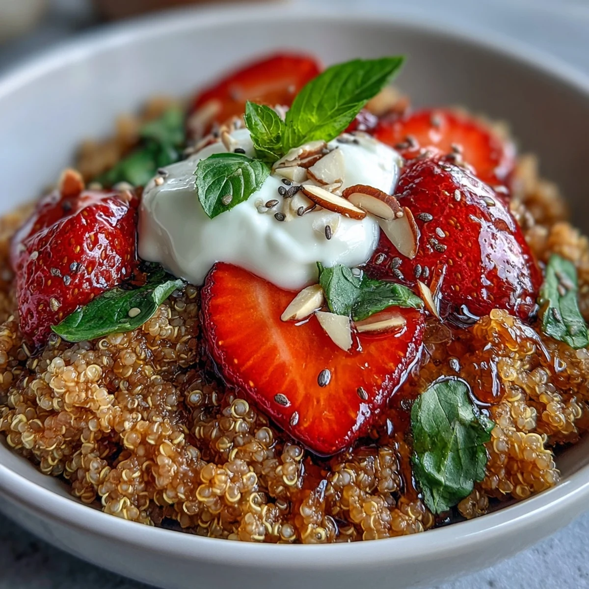 A close-up view of a vibrant quinoa bowl featuring creamy plant-based yogurt, sliced strawberries, and slivered almonds. Drizzled with vegan honey, this breakfast looks colorful and satisfying.