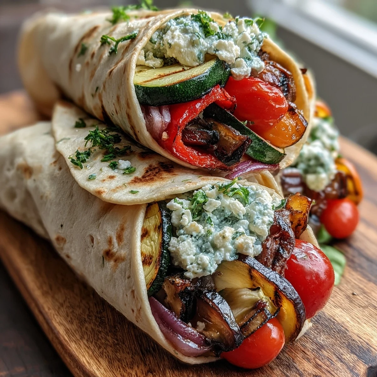 Mediterranean Grilled Vegetable Wraps with Hummus and Feta, served warm with halved cherry tomatoes.