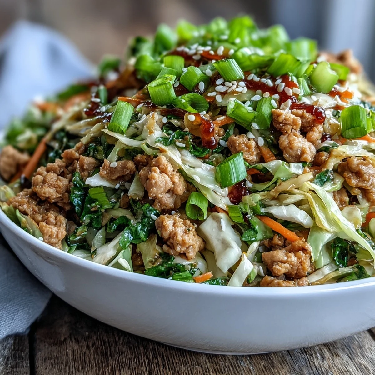 Steaming Keto Egg Roll in a Bowl with Ground Turkey and sesame oil in a hot skillet with fresh garlic and ginger.
