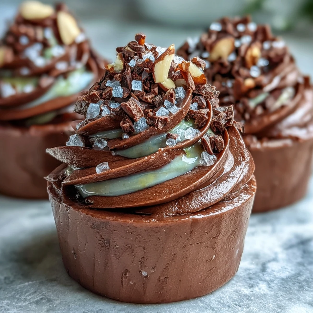 Close-up of Vegan Chocolate Avocado Mousse Cups with Sea Salt Crunch, highlighting the silky, rich texture and flaky salt crystals.