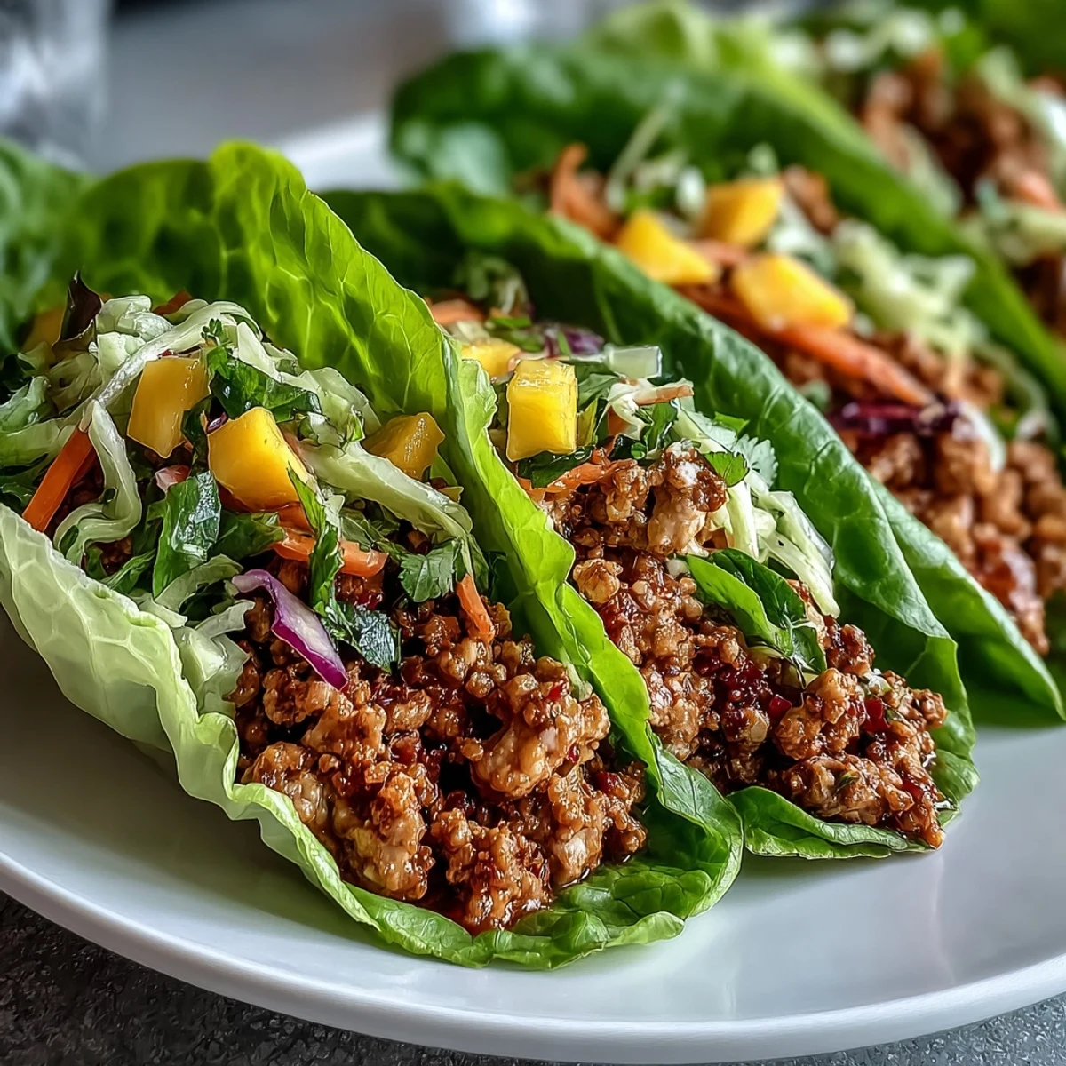 Colorful plated skinny spicy turkey lettuce tacos with mango slaw on a rustic wooden table, ready to serve.