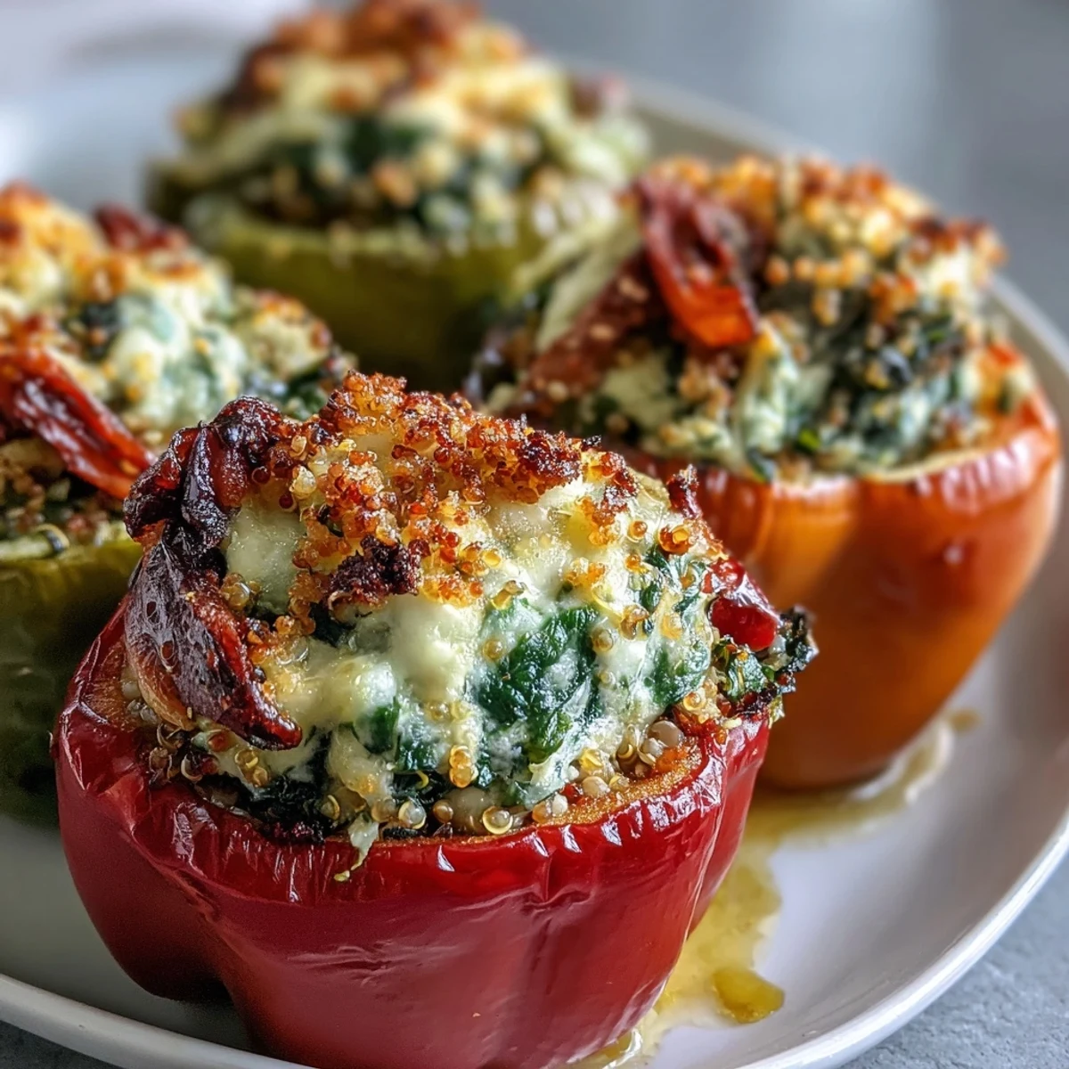 Four colorful bell peppers, Vegan Spinach and Artichoke Stuffed Peppers, are filled with a creamy green mixture and topped with golden breadcrumbs on a ceramic dish.