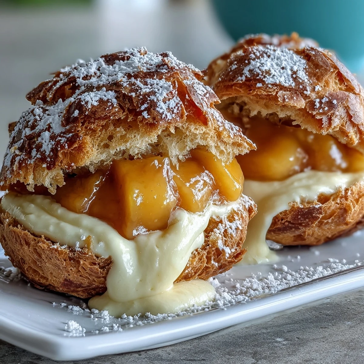 Delicate choux pastry puffs bursting with luscious mango cream, showcasing a French dessert with a tropical twist for summer gatherings.  