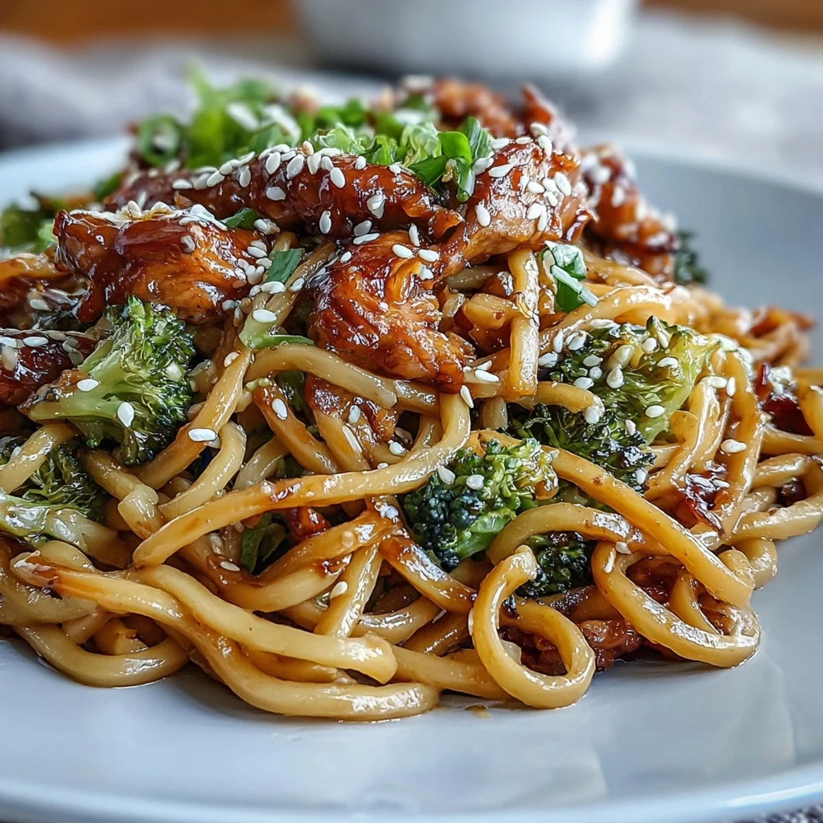 Sticky Garlic Chicken Noodles in a savory soy-honey sauce with tender chicken and crisp vegetables, garnished with sesame seeds and green onions.  