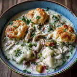 Homemade drop biscuits topping a hearty Slow Cooker Ranch Chicken & Dumplings stew, served steaming in a rustic bowl with fresh parsley garnish.