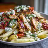 Roasted Garlic & Feta Chicken Pasta in a skillet with fresh herbs and lemon zest, ready to serve.