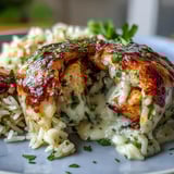 Baked bell peppers filled with creamy garlic Parmesan chicken and rice, served hot from the oven.