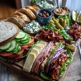 A colorful and inviting Loaded Deli Sandwich Board featuring ciabatta rolls, smoked turkey, cheddar, and crisp lettuce for a perfect picnic spread.  