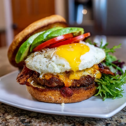 A breakfast sandwich with eggs, bacon, tomato, and avocado.