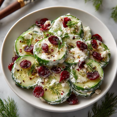 A white bowl filled with cucumber slices and cranberries.
