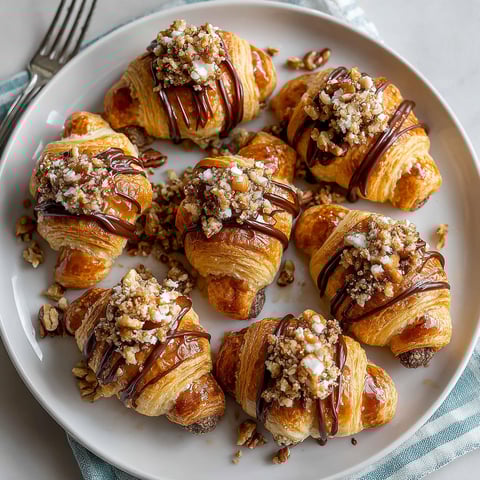 A plate of croissants with chocolate and nuts.