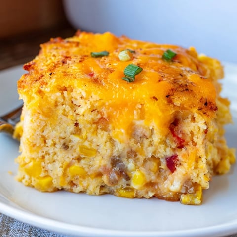Creamy Cheesy Cajun Cornbread Casserole topped with green onions, perfect for gatherings.  