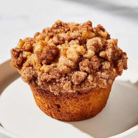 Warm, golden-brown tasty apple muffins with a delicious, crunchy crumb topping, ready to eat.