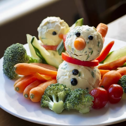 Festive Snowman Veggie Dip Platter featuring a creamy snowman surrounded by colorful, fresh vegetables.